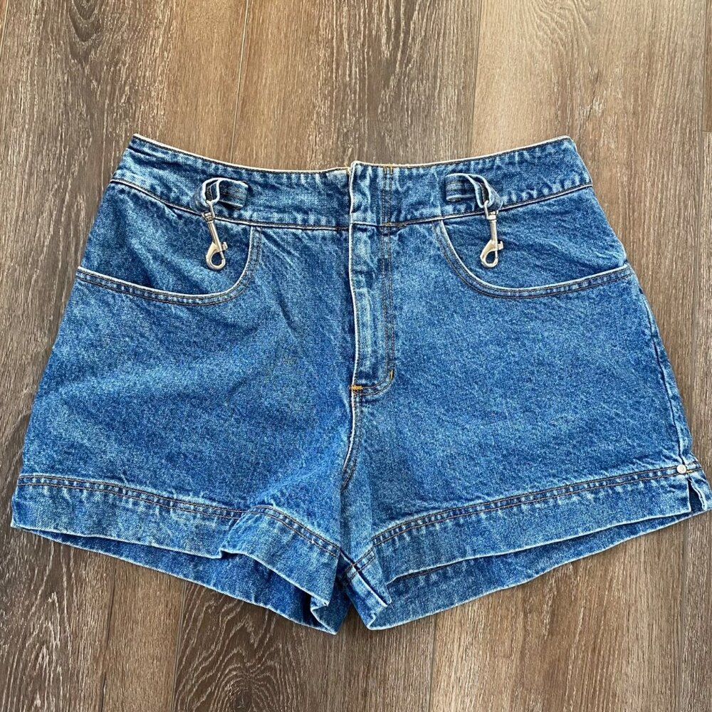 Vintage Denim High-Waisted Shorts With Metal Clip Details & Zipper Fly Size 18